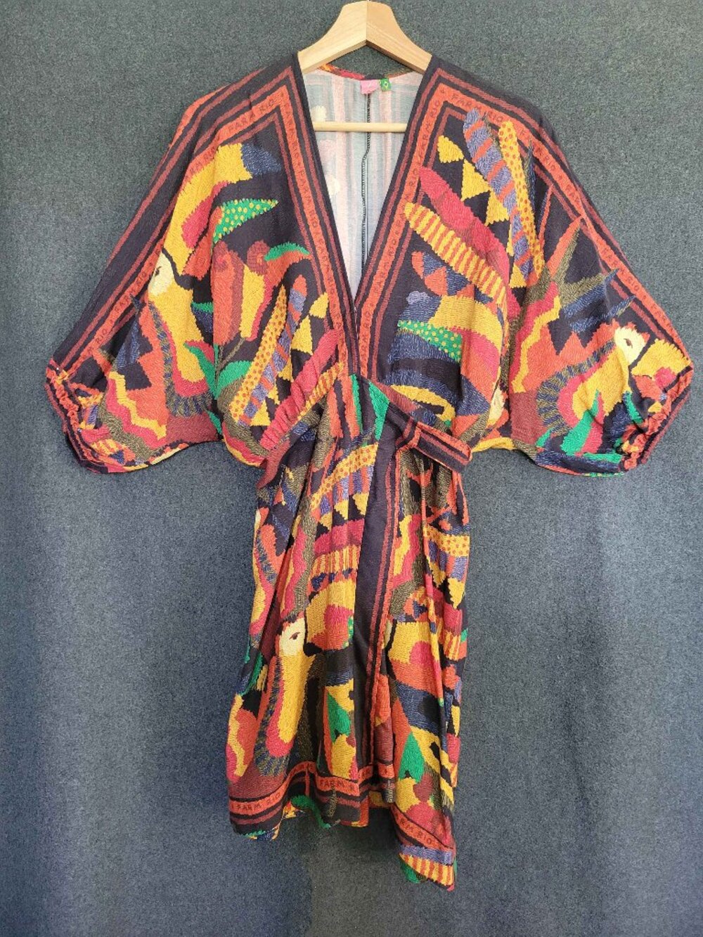 FARM Rio Tucanes Tropical Sunsoaked Mosaic Wrap Mini Dress Kimono Sleeves Bold S